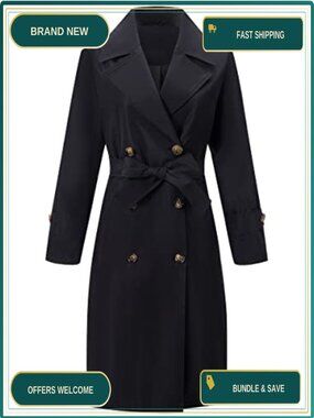 Women's Double-Breasted Trench Coat Water Resistant Knee Length Belted Relaxed